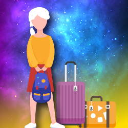 girl waiting by luggage illustration