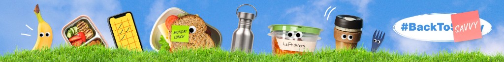 A banner with different food items with cartoony googly eyes. The wording says 'Back to savvy'.