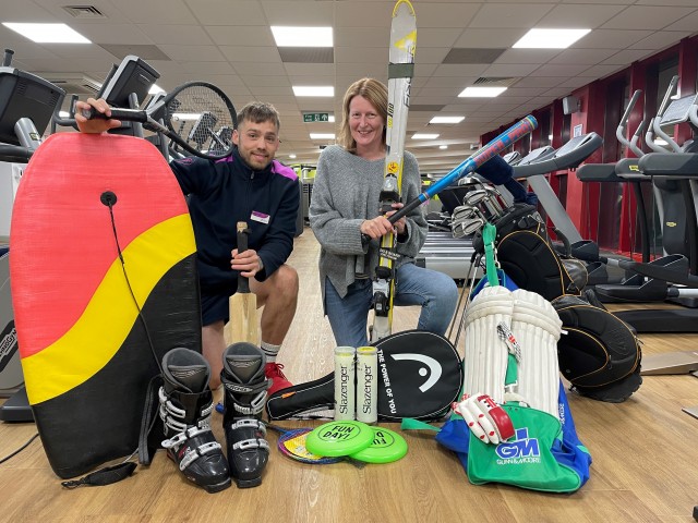 Pictured: Dave Reynolds, Fitness Manager at Malvern Splash, and Cllr Sarah Rouse, Leader of MHDC, with some of the donations.