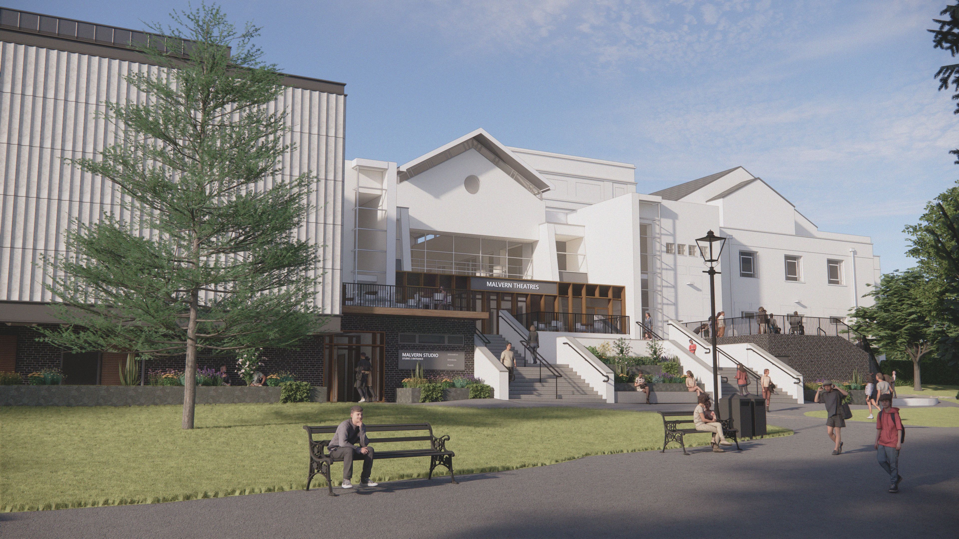 A digital image created to show how the main building of the Malvern Theatres will look once redeveloped. The image shows the main building with a new entrance and outdoor amphitheatre.